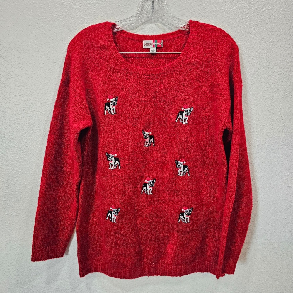 Merry Wear Red French Bulldog Santa Hat Christmas Holiday Sweater Small